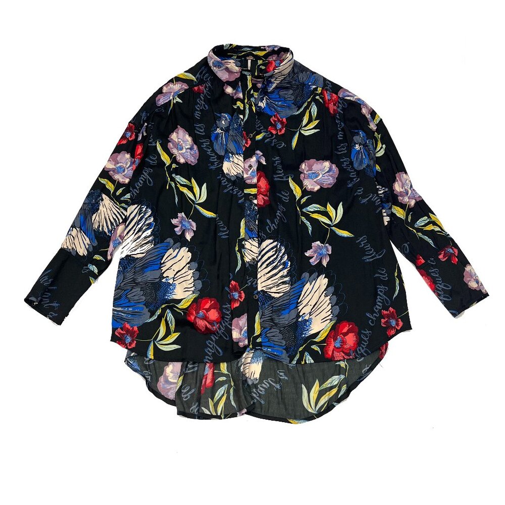 Free People Oversized Womens Bird Floral LS Button Blouse Black Top M